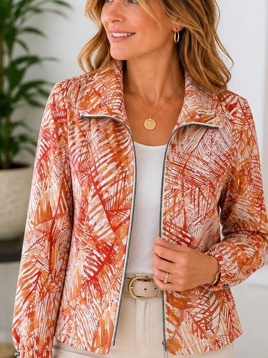 Chico's Jackets & Blazers - Chico’s Leaf Print Zip Front Jacket Size 2 Large Cotton Stretch Orange Tan